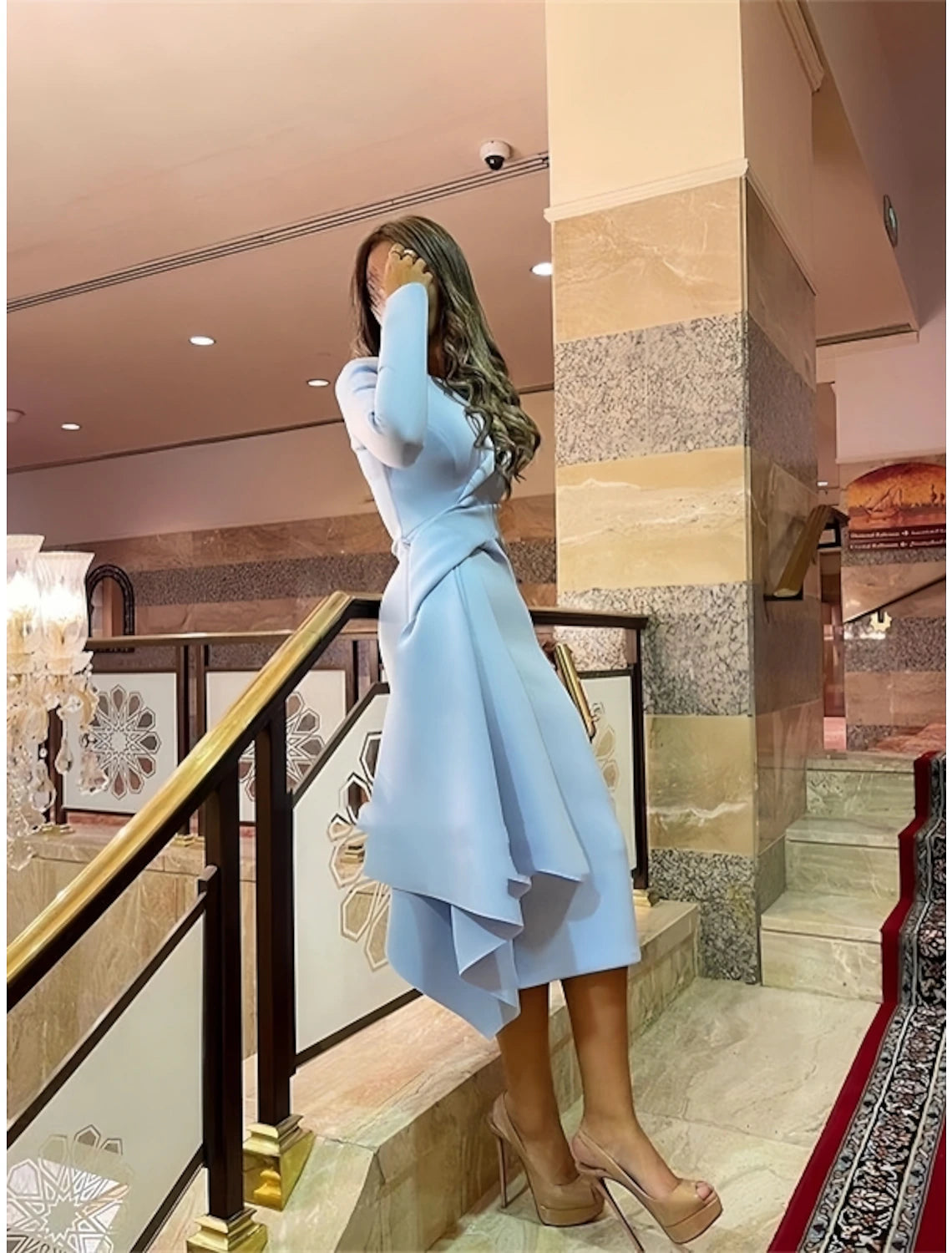 Sky Blue Crepe Sheath/column Midi Dress - Asymmetrical Draped Front