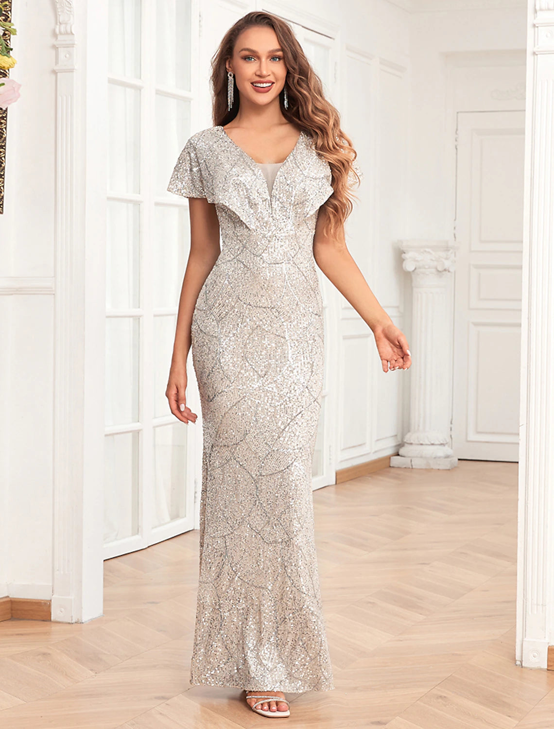Silver Sequin Mermaid Floor-Length Dress with V-Neck, Draped Bodice & Back Zip