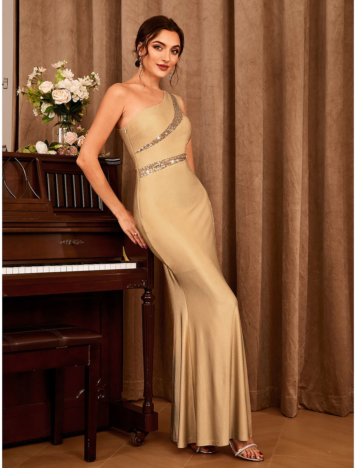 Gold Sequin Embellished One Shoulder Floor-Length Evening Dress with High Slit