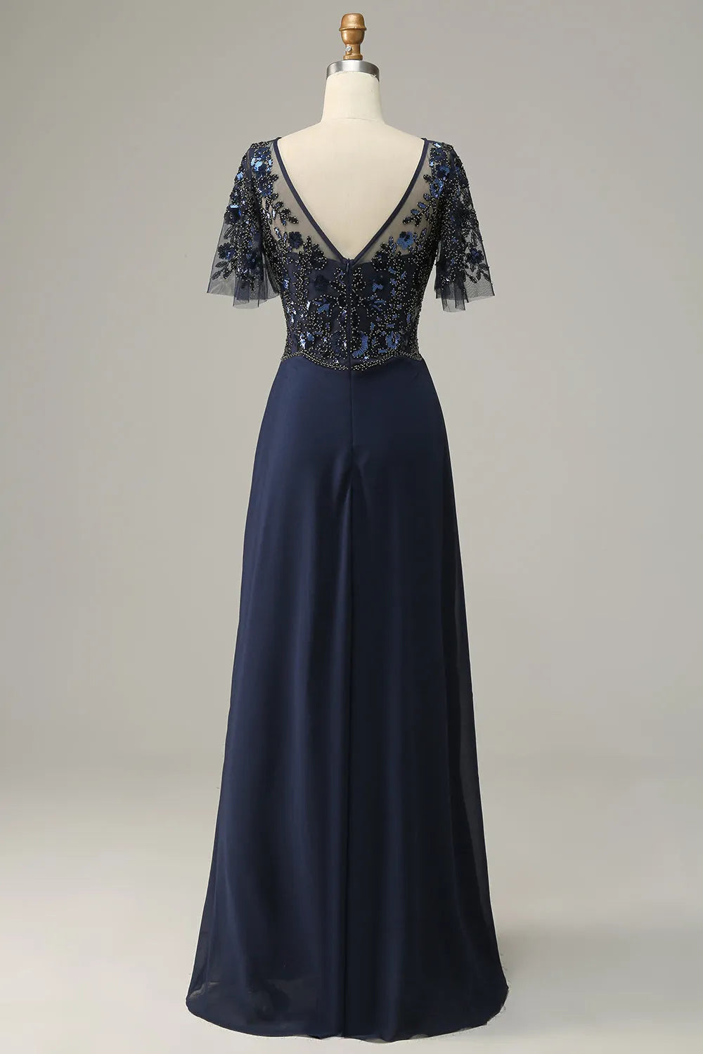 Dark Navy Chiffon A-Line Floor-Length Dress with Beaded Illusion Neckline