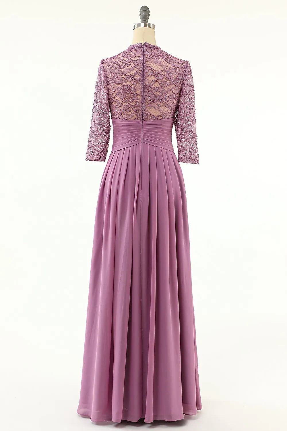 Lavender High Neck A-Line Chiffon Floor-Length Gown with Lace Bodice