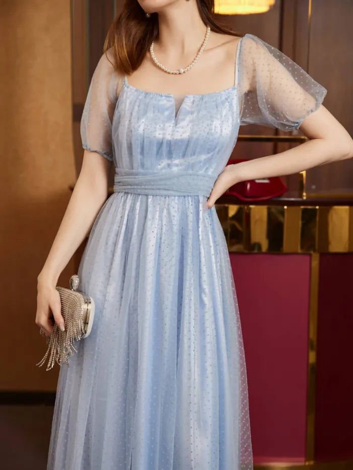 Vestido elegante para mujer, formal, de fiesta, de graduación, con estampado de lunares y cartulina azul transparente