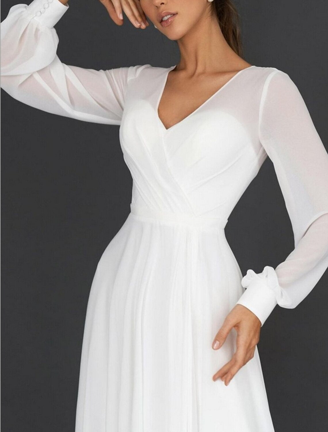 White Chiffon V-Neck A-Line Midi Bridesmaid & Wedding Guest Dress