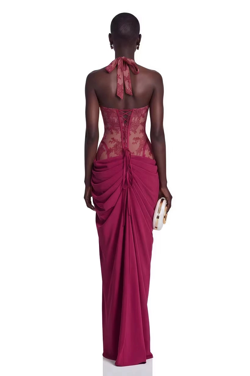 Cabernet Lace and Crepe Sheath Column Halter Lace-up Back Floor Length Dress Back View - Jimiss