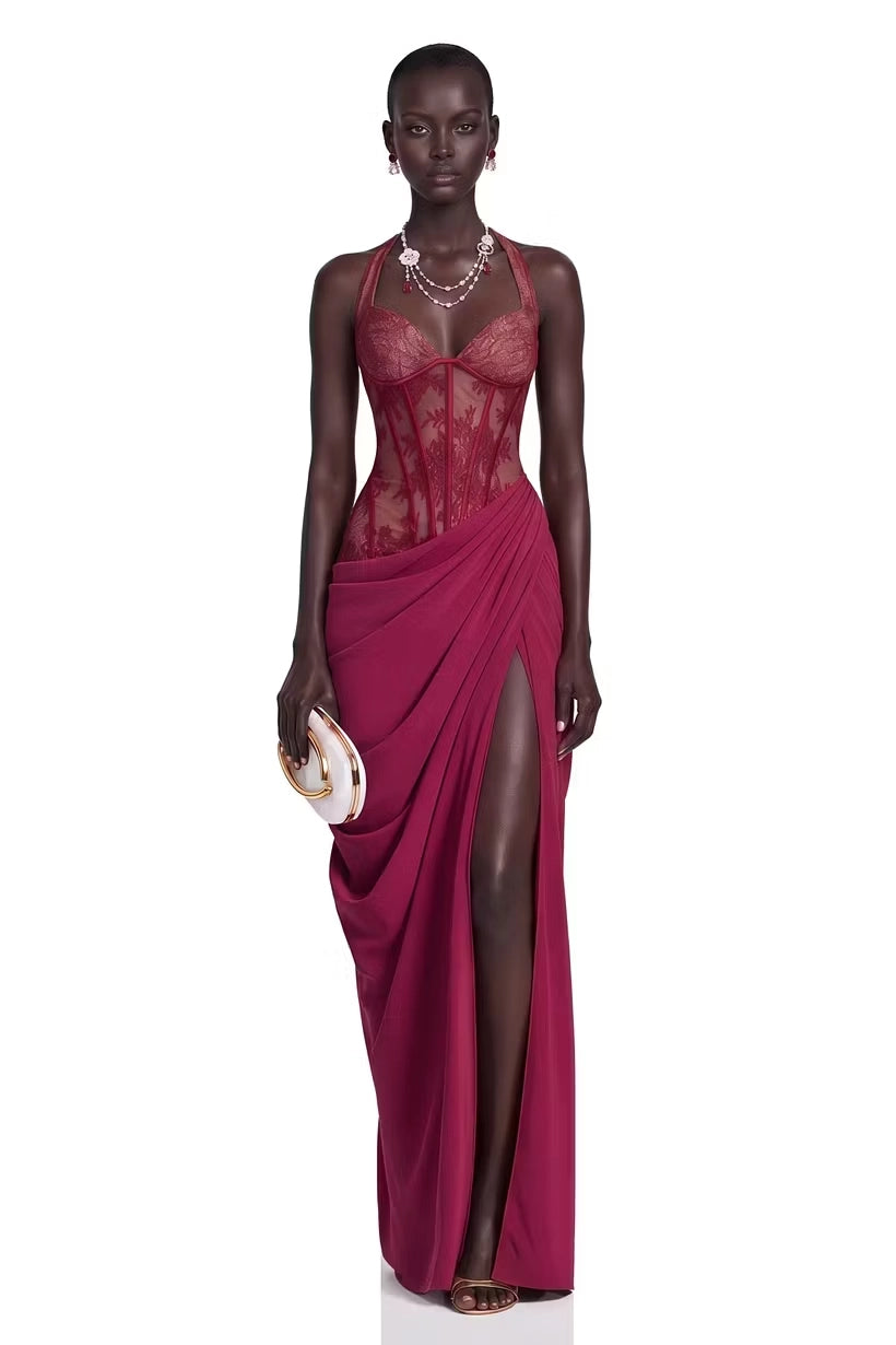 Cabernet Lace and Crepe Sheath Column Halter Lace-up Back Floor Length Dress Front View - Jimiss