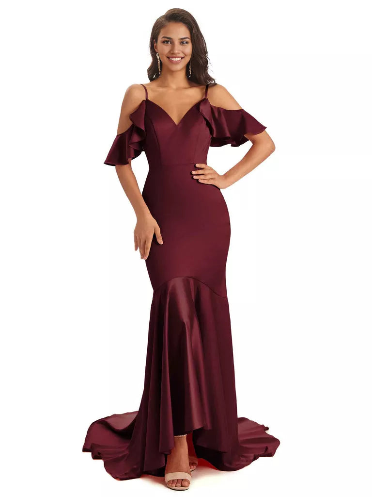 Soft Satin Asymmetric Spaghetti Straps Sleeveless Mermaid Cold Shoulder Bridesmaid Dresses