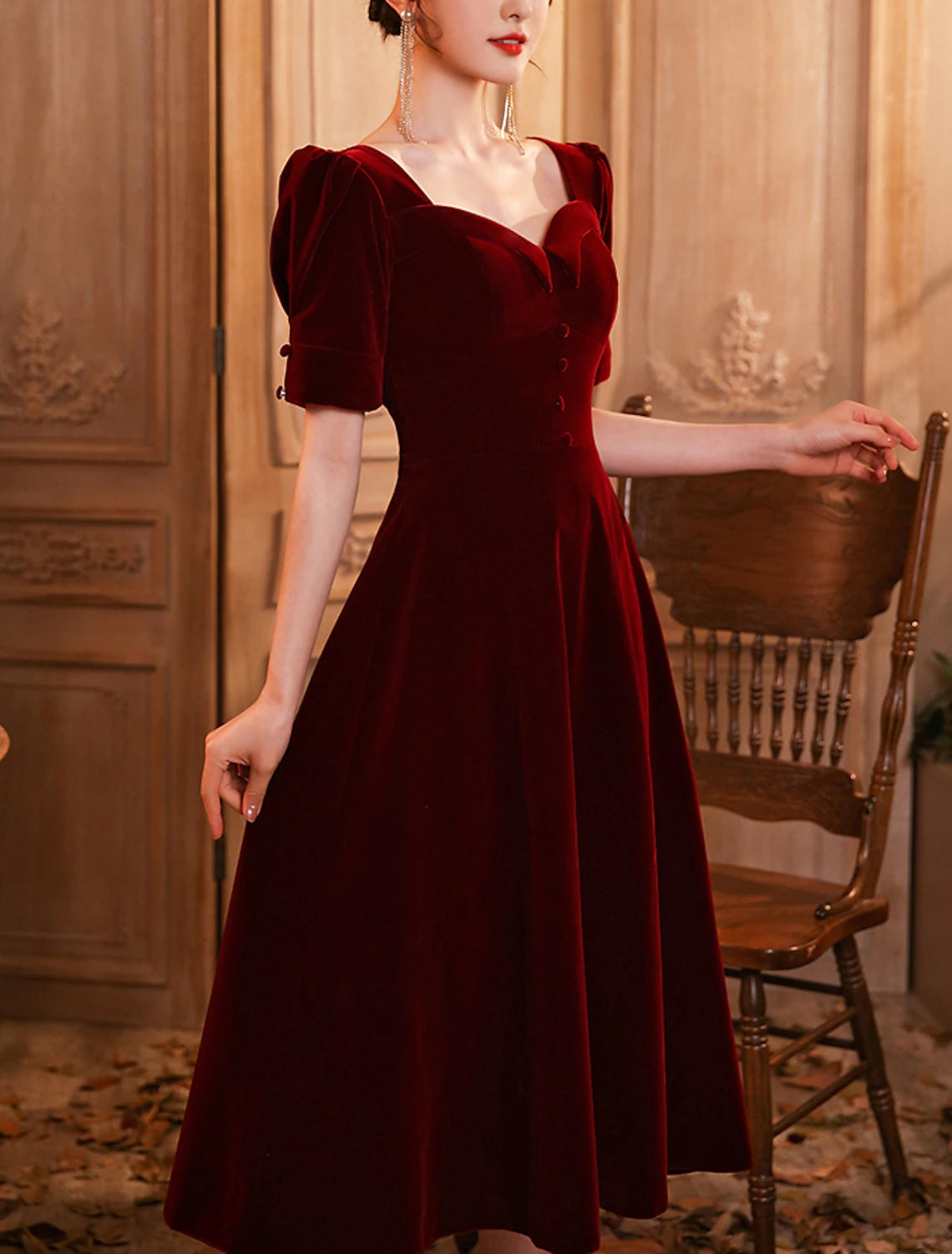 Burgundy Velvet A-Line Tea-Length Evening Dress with Puff Sleeves and Sweetheart Neckline