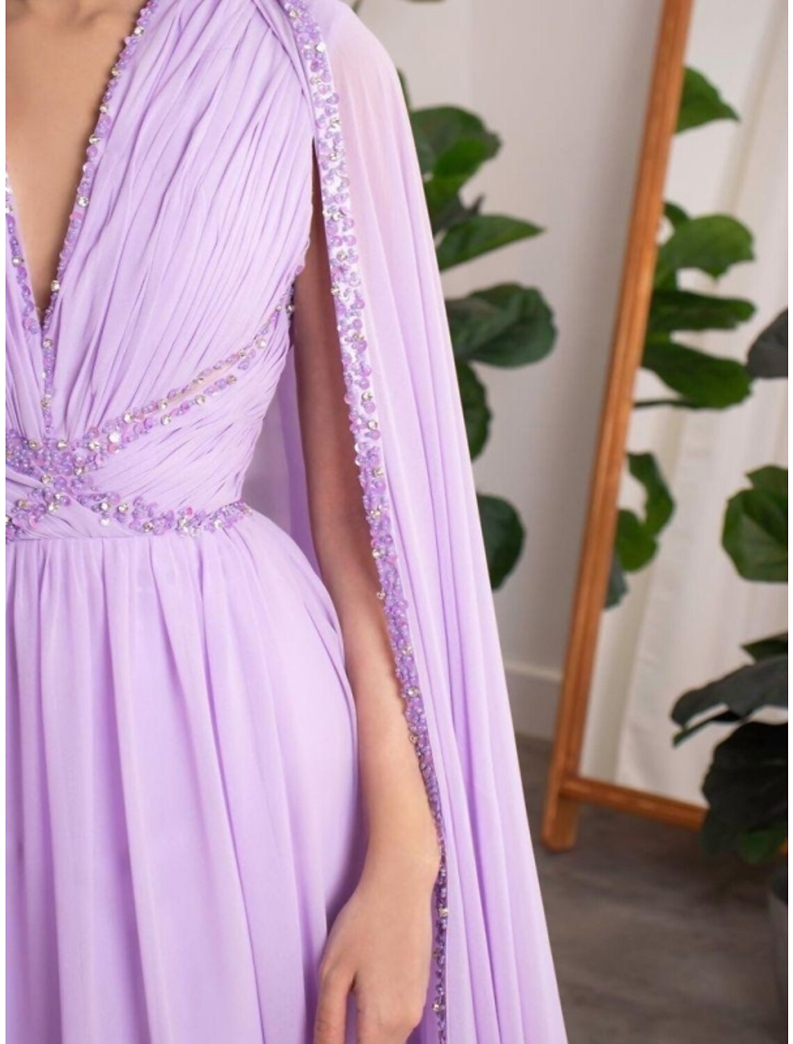Lavender Chiffon A-Line Floor-Length V-Neck Gown with Pleated Bodice & Flowing Cape Sleeves