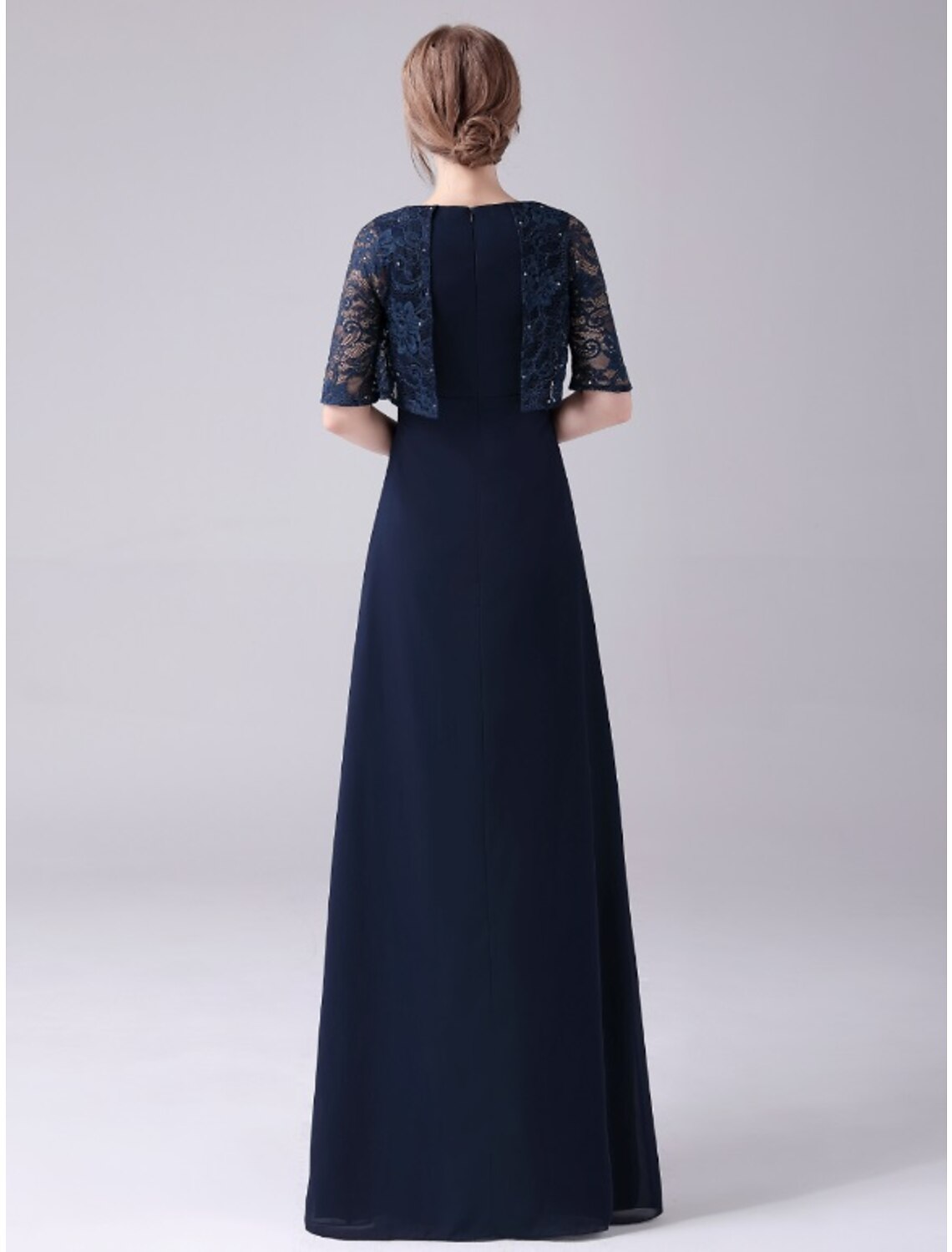 A-Line Mother of the Bride Dress Elegant Sweet Jewel Neck Floor Length Chiffon Half Sleeve with Lace Crystals