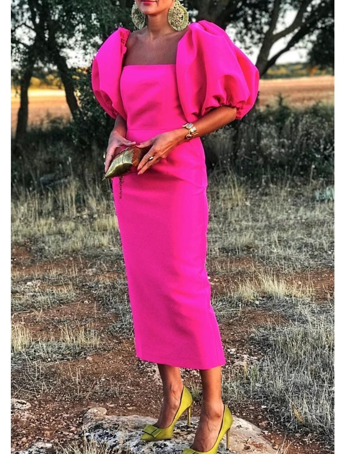 Abiti da cocktail a tubino / colonna, senza schienale, per invitati a nozze, estivi, lunghezza tè, maniche corte, scollo quadrato, in raso con spacco