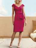 Mulberry Lace & Satin Knee-Length Bridesmaid Dress with V-Neck & Bow Waist