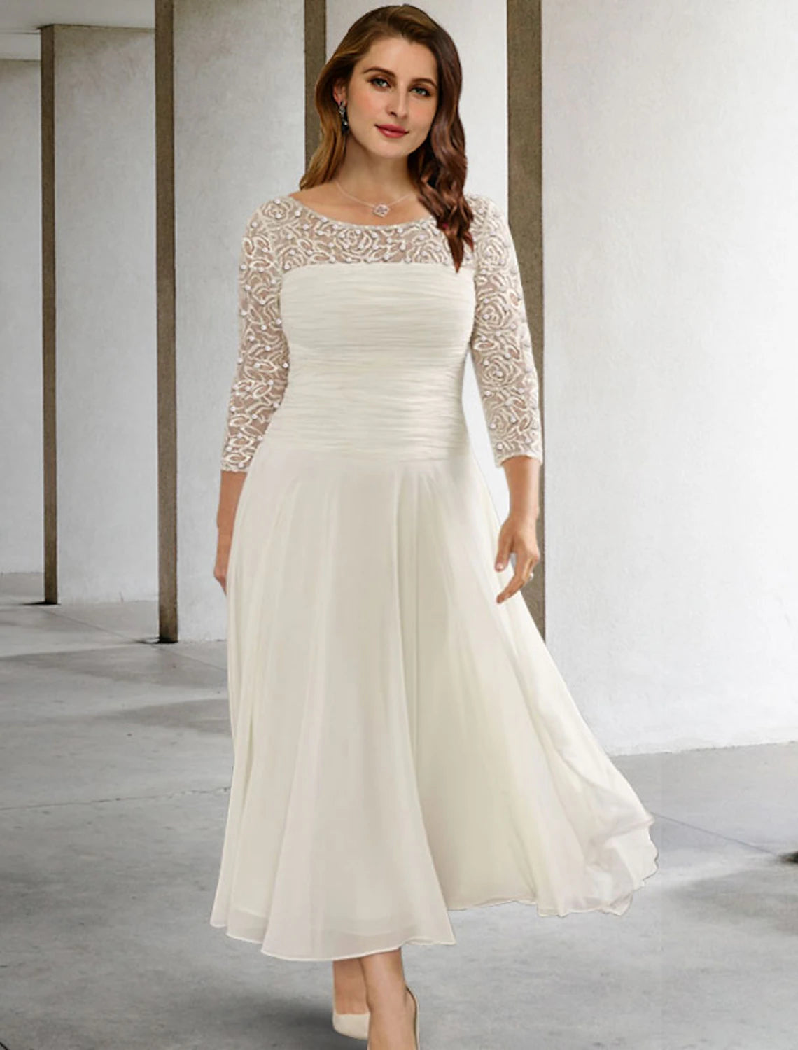 Abiti da sposa a trapezio per la madre della sposa, taglie forti, eleganti, con curve addominali nascoste, lunghezza tè, maniche a 3/4, scollo gioiello, in chiffon con perline arricciate e paillettes.