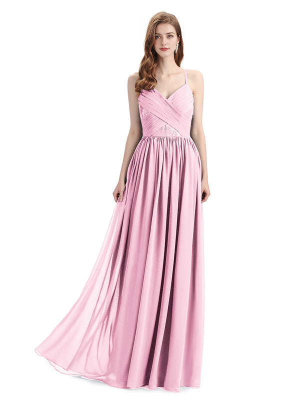 Elegantes vestidos de dama de honor de gasa con tirantes finos, corte A, escote en V y largo hasta el suelo