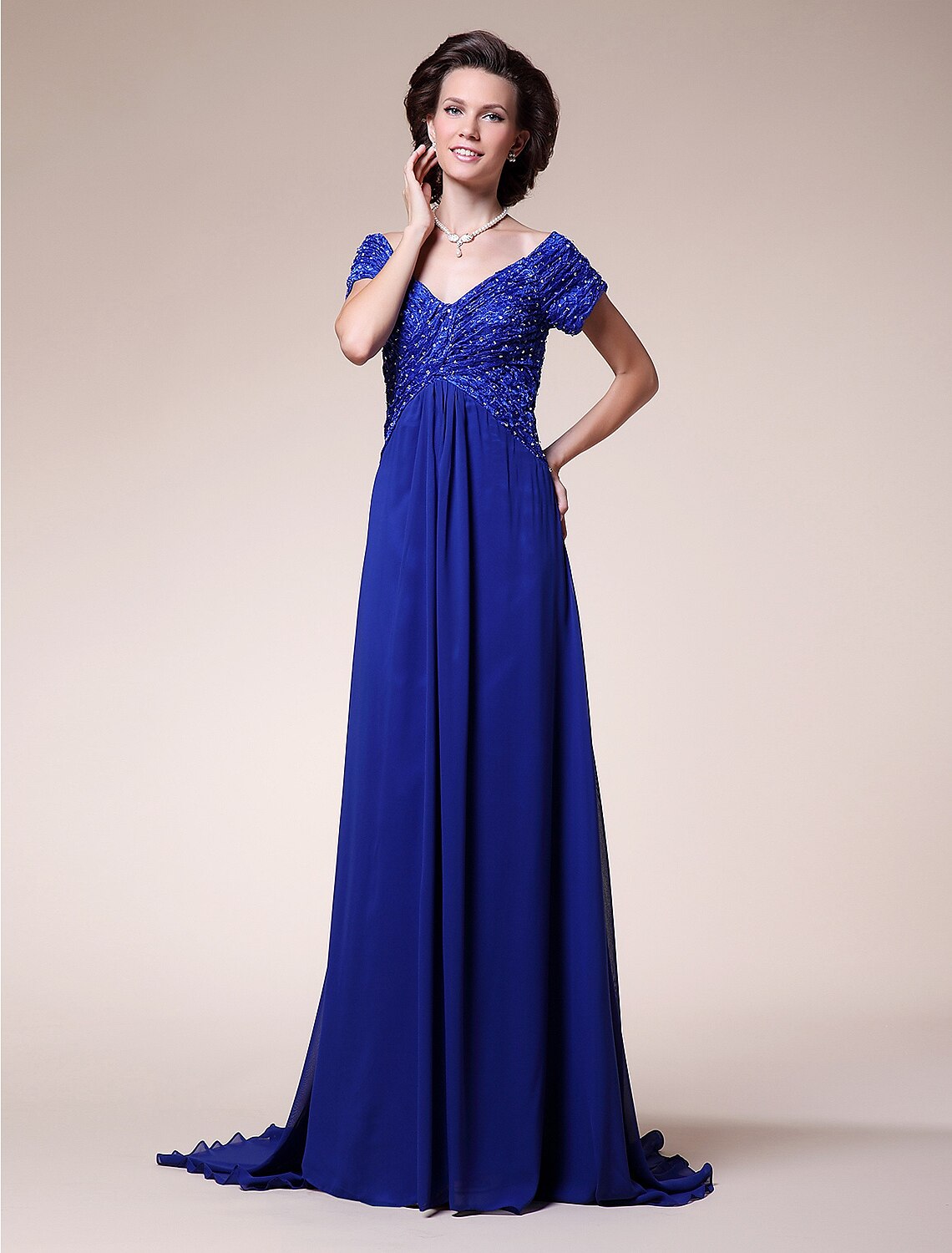 Abito da madre della sposa a trapezio, scintillante e brillante, scollo a V, strascico a ruota, in chiffon e raso, maniche corte, con perline incrociate e arricciate