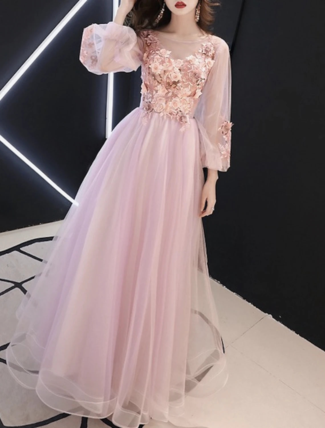 Abiti da ballo a trapezio, abiti lussuosi, per San Valentino, invitati alle nozze, lunghezza al pavimento, maniche lunghe, scollo a V, tulle con applicazioni