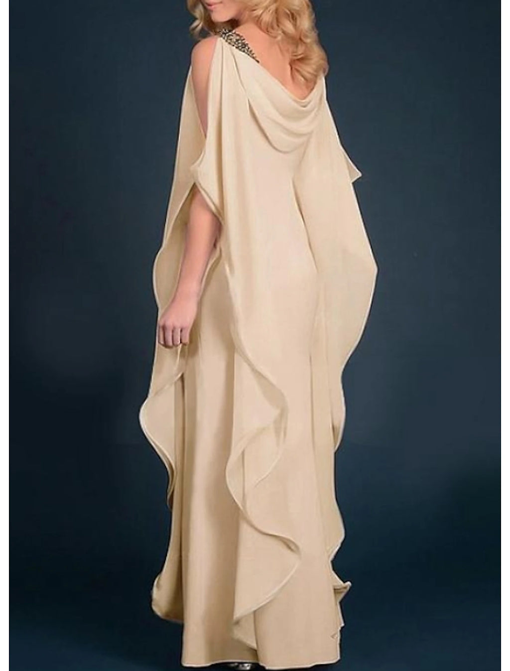 Champagne Chiffon A-Line Floor-Length Dress with Draped Cowl Neck