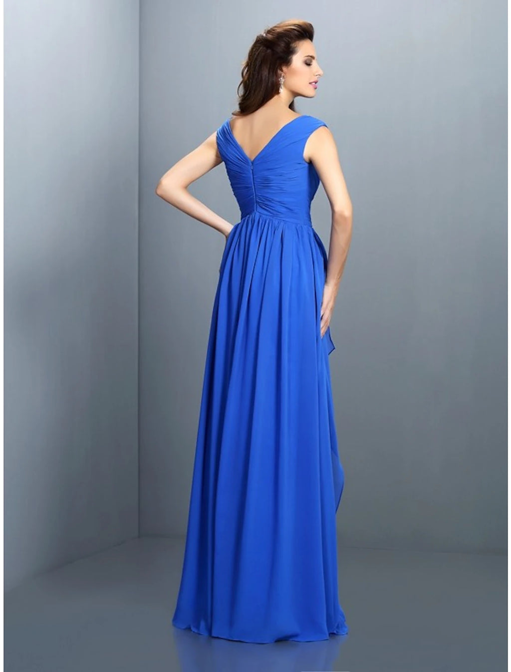 Royal Blue Chiffon A-Line Floor-Length Bridesmaid Dress with V-Neck & Ruched Bodice