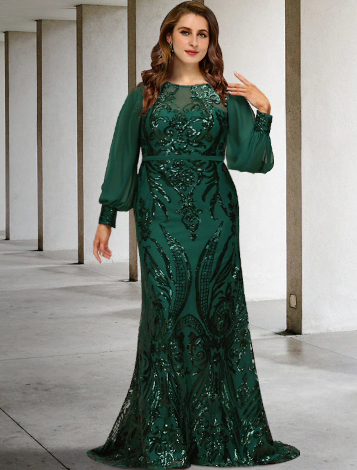 Abiti da sposa eleganti per la madre della sposa, a sirena/tromba, taglie forti, con strascico a ruota, maniche lunghe, scollo gioiello, in chiffon con paillettes