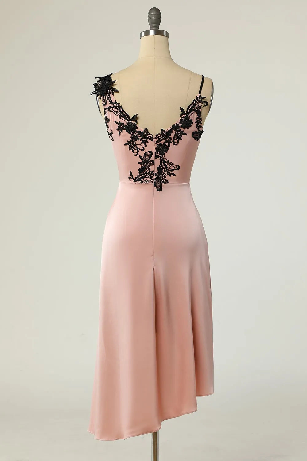 Blushing Pink Satin Sheath/column Asymmetrical Evening Dress with Lace Appliques