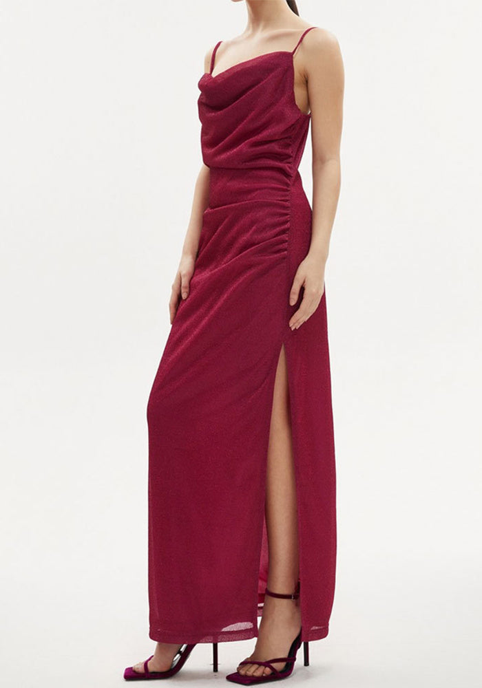 Burgundy Glitter Fabric Sheath/column Floor-Length Cowl Neck Dress with Side Ruching & High Slit