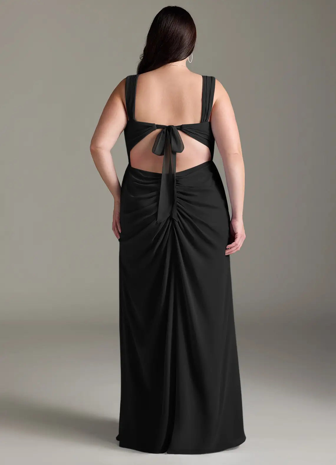 Black Chiffon A-Line Floor-Length Dress with Square Neck, Ruched Bodice & High Slit