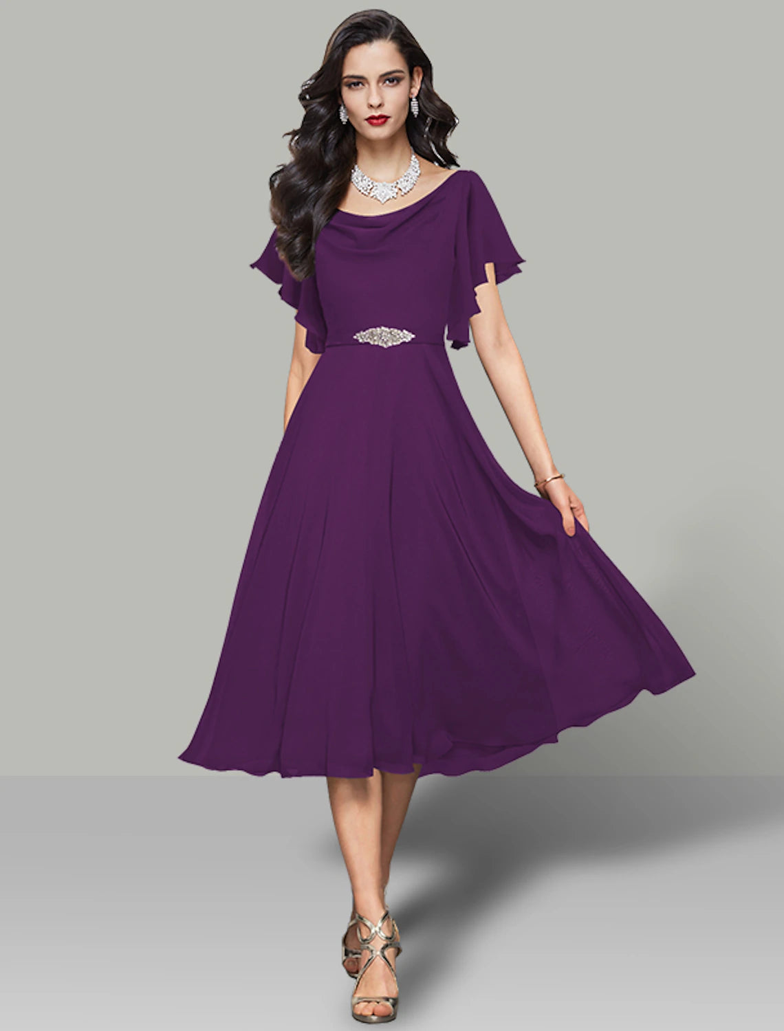 Slate Blue Chiffon Cowl Neck A-Line Tea-Length Bridesmaid Dress