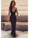 Black Stretch Knit Sheath/Column Floor-Length Evening Dress with Lace-Trimmed V-Neck