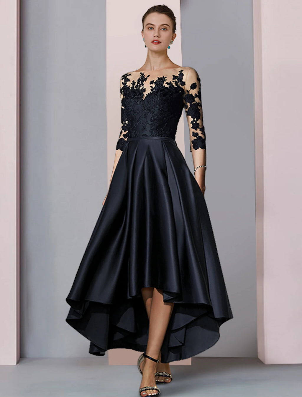 Black Satin A-Line Asymmetrical Dress with Illusion Lace Bodice