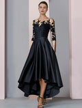 Black Satin A-Line Asymmetrical Dress with Illusion Lace Bodice