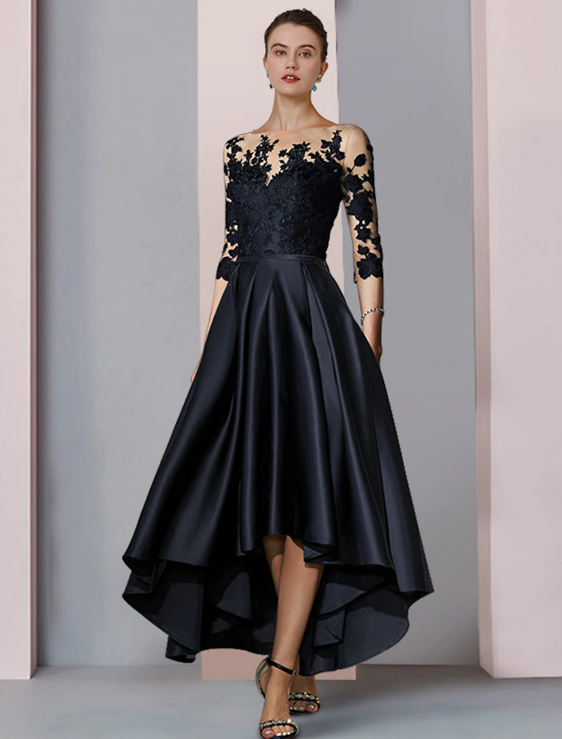 Black Satin A-Line Asymmetrical Dress with Illusion Lace Bodice