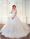 Ivory Lace Ball Gown Evening Dress with Illusion Neckline & Long Sleeves