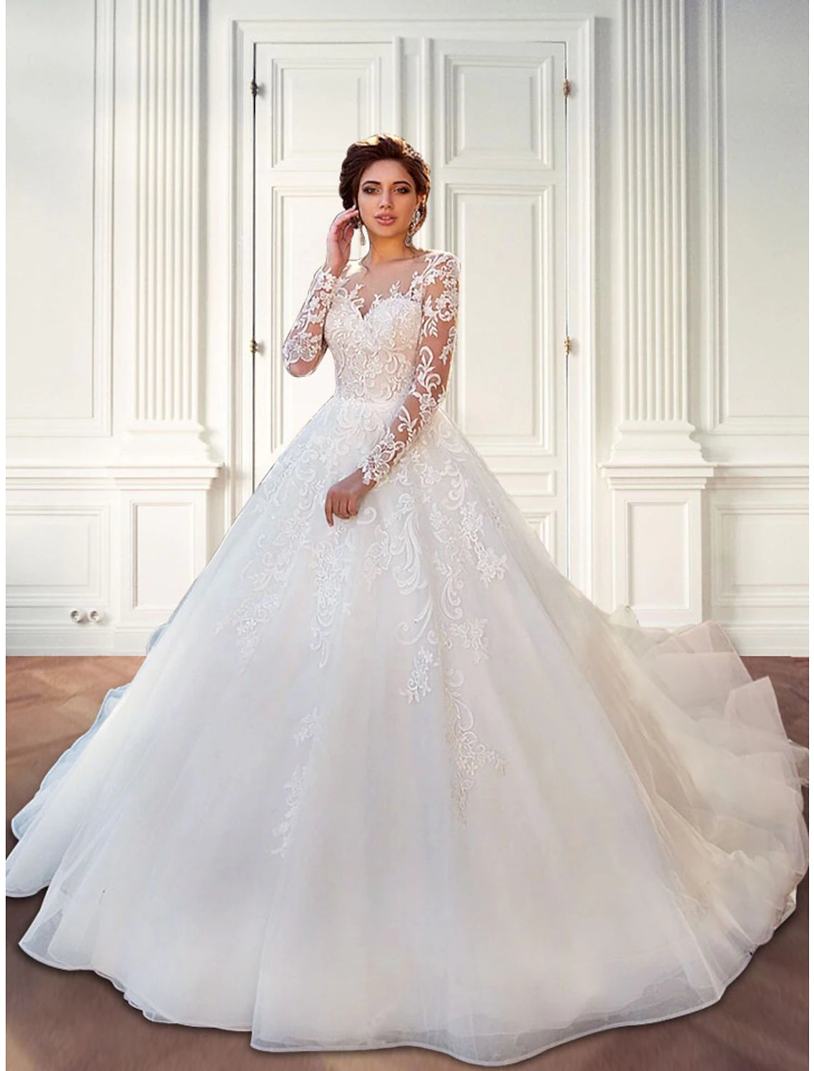 Ivory Lace Ball Gown Evening Dress with Illusion Neckline & Long Sleeves