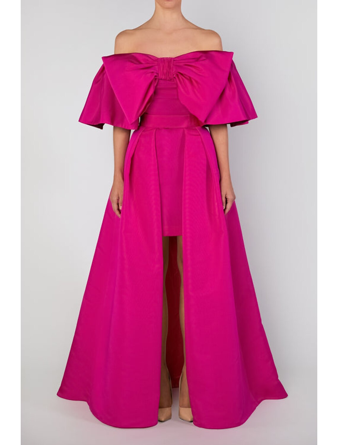 Abito da sera a trapezio, elegante, da sposa, cocktail party, lungo fino al pavimento, manica corta, spalle scoperte, taffetà staccabile con fiocco/i, gonna sopra