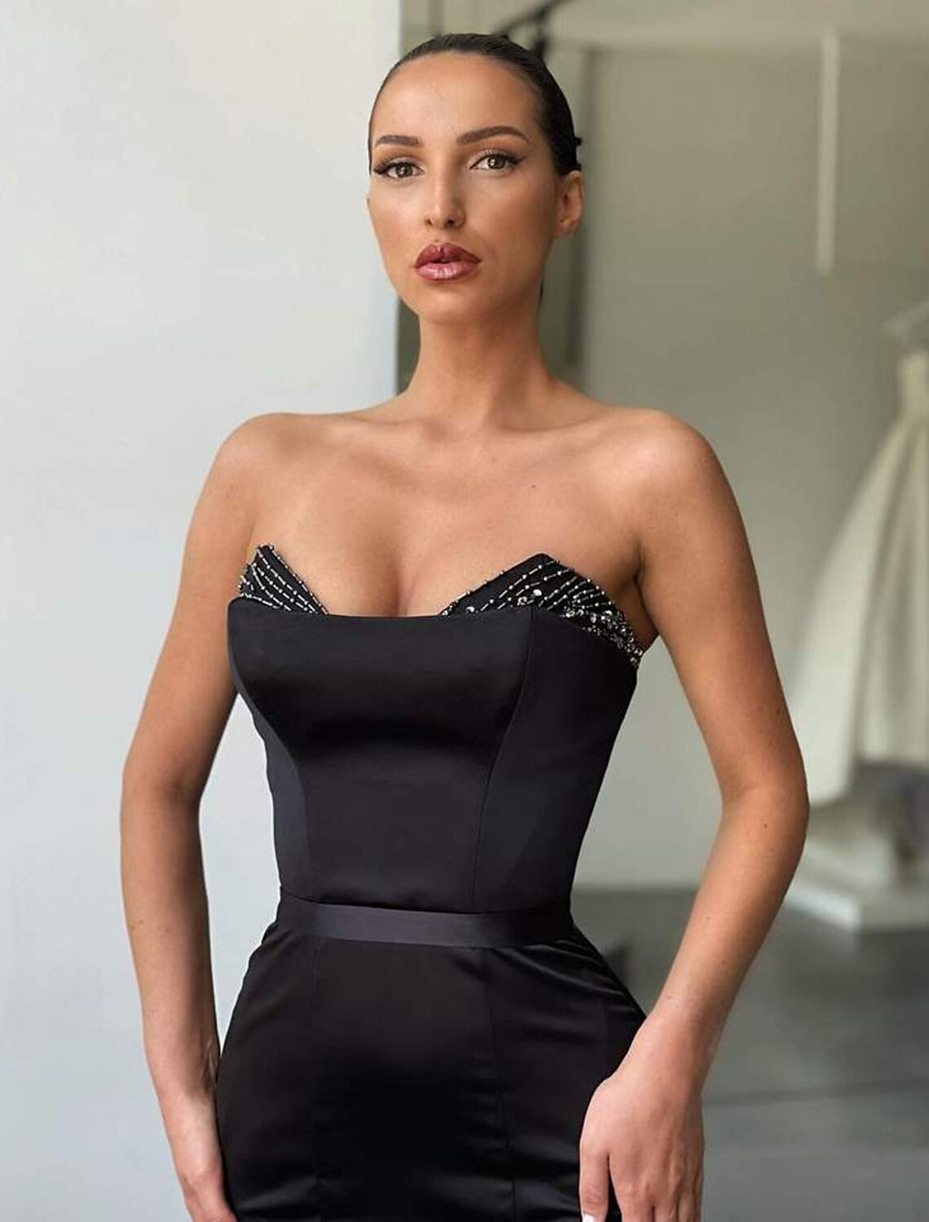 Black Satin Mermaid Sweetheart Floor-Length Dress