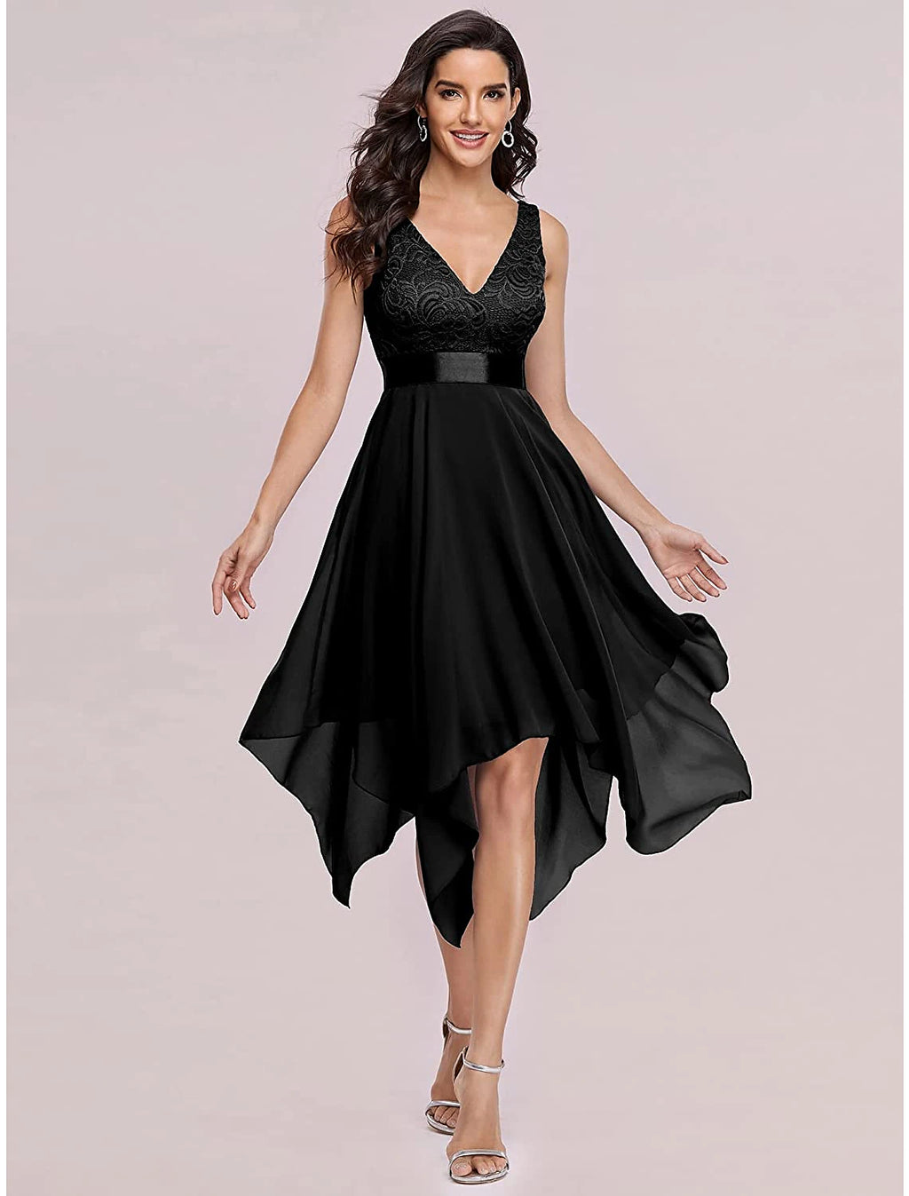 Black Chiffon A-Line High-Low Dress with Lace V-Neck Bodice