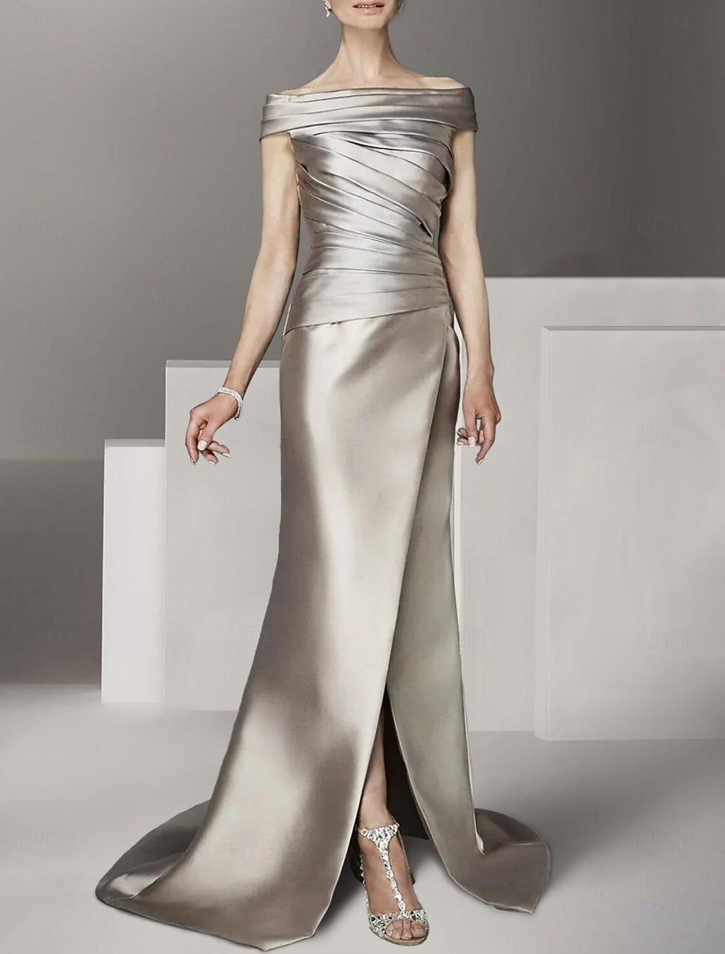 Silver Satin Off-the-Shoulder Sheath/column Floor-Length Gown