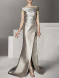 Silver Satin Off-the-Shoulder Sheath/column Floor-Length Gown