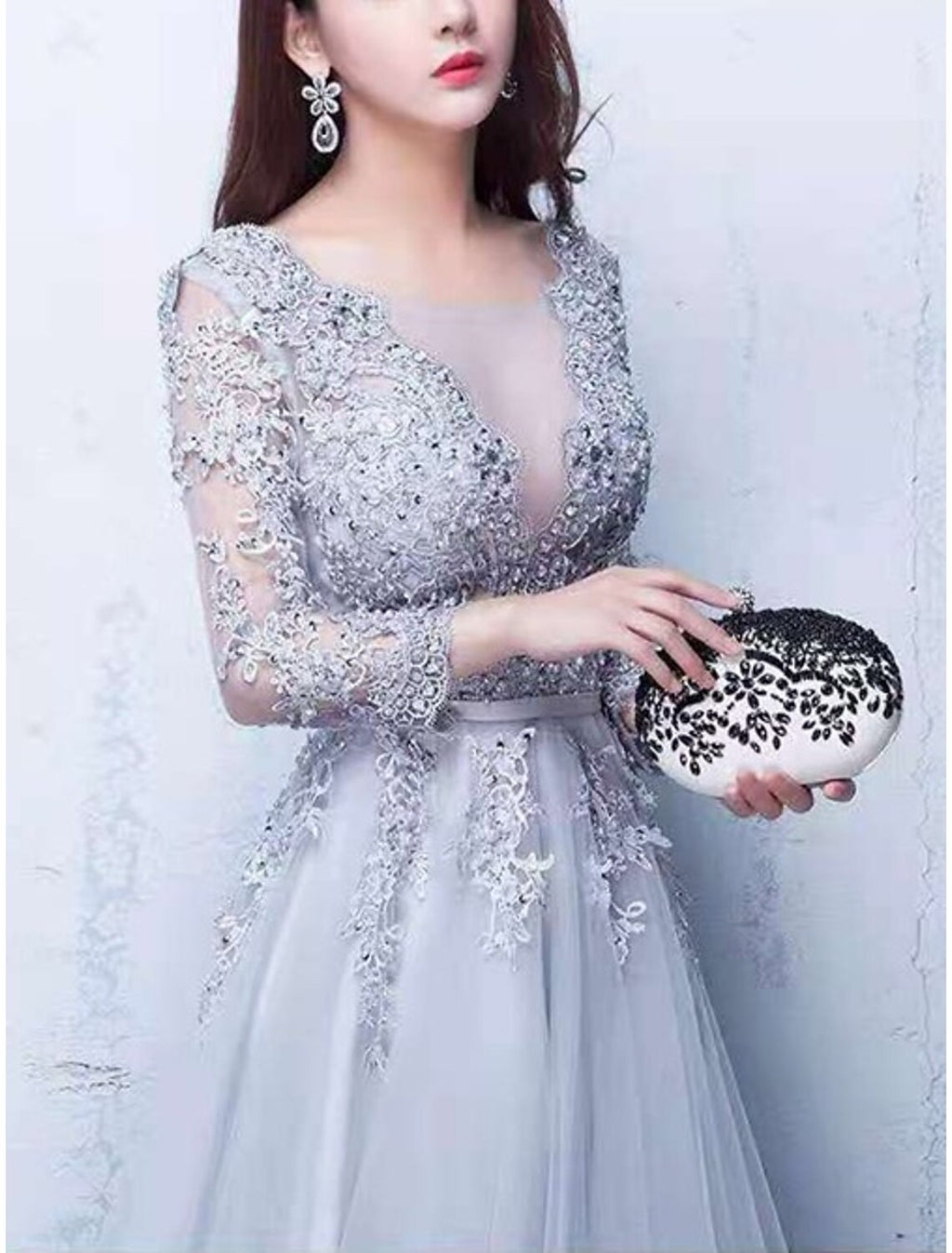 Vestido de noche de corte A, vestido de fiesta, vestido de lujo, para invitada de boda, compromiso, cola capilla, media manga, cuello ilusión, tul con apliques de cuentas.