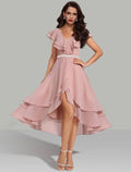 Vestidos de novia de corte A, plisados en capas, para cóctel, semiformal, largo hasta la rodilla, manga corta, escote en V, cinturón/faja de gasa con cuentas