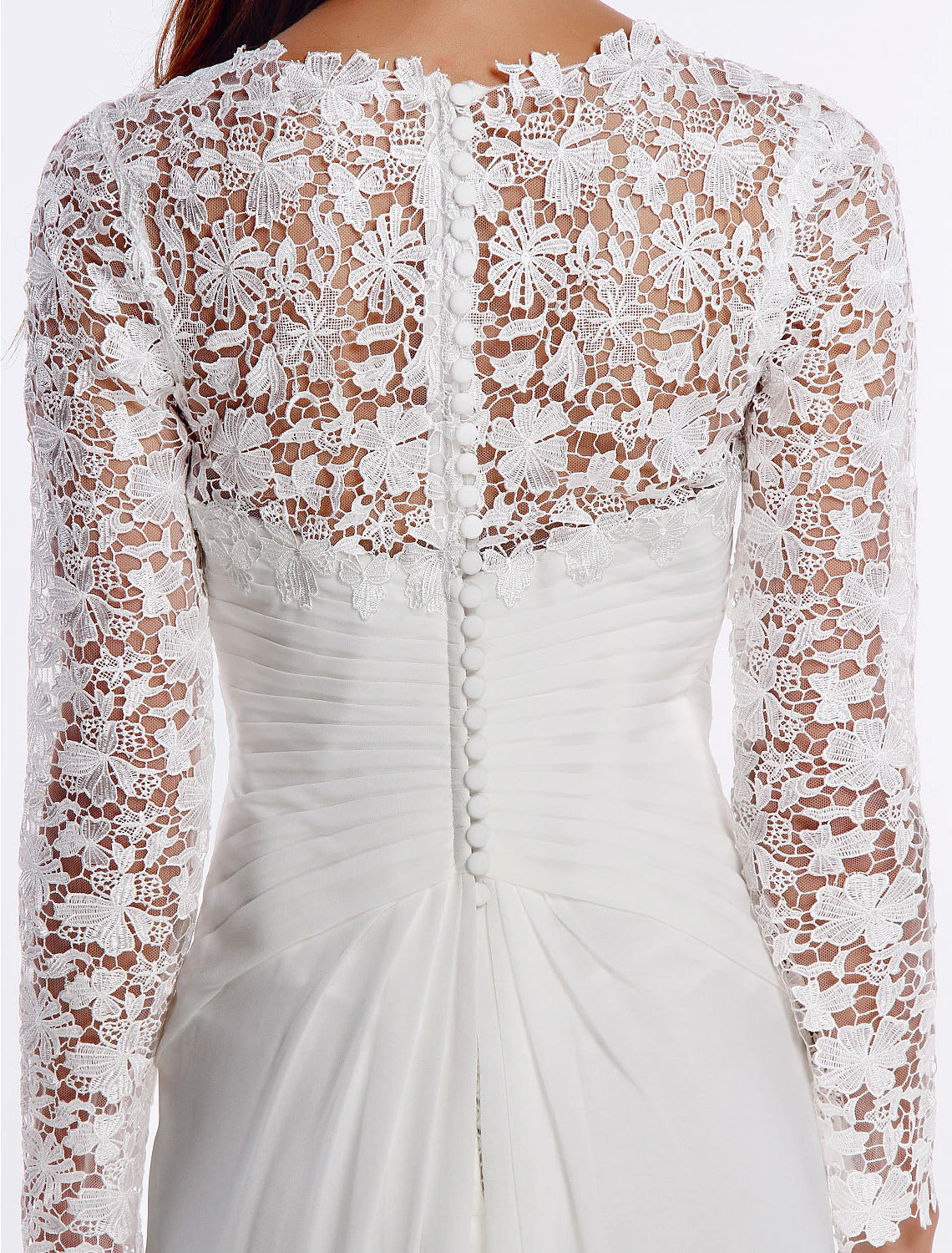 Ivory Lace A-Line Floor-Length Bridesmaid Dress with V-Neck and Lace Long Sleeves