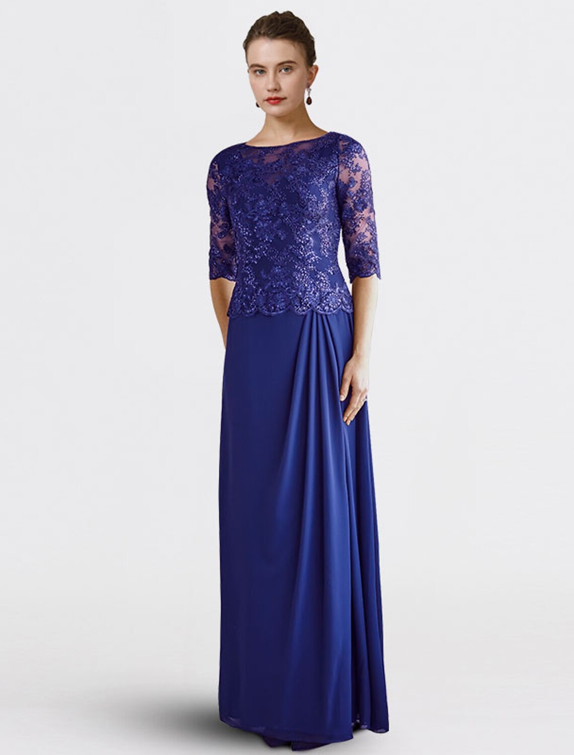 Sheath / Column Mother of the Bride Dress Plus Size Elegant Jewel Neck Floor Length Chiffon Lace Half Sleeve with Sequin Appliques