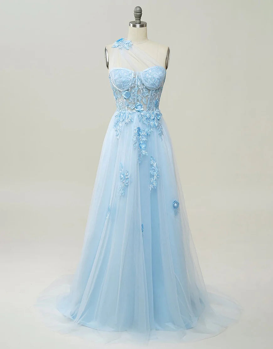 Black Glitter Tulle A-Line One Shoulder Floor-Length Dress with High Slit and Floral Appliques