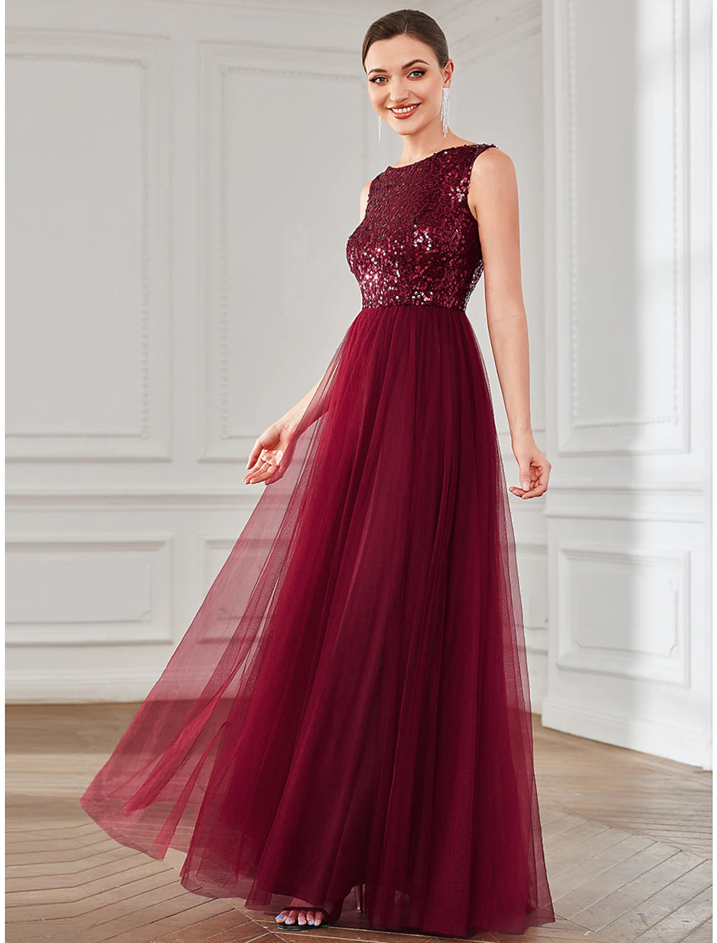 Burgundy Sequin Tulle A-Line Floor-Length Bridesmaid Dress