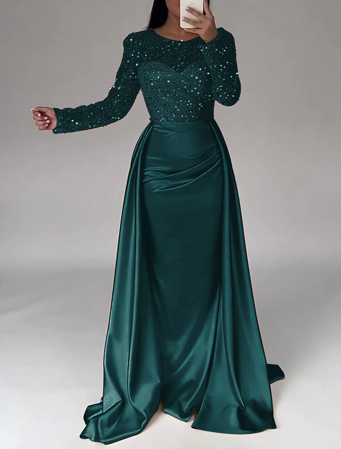 Ivory Satin Sheath/Column Gown with Illusion Sequin Sleeves