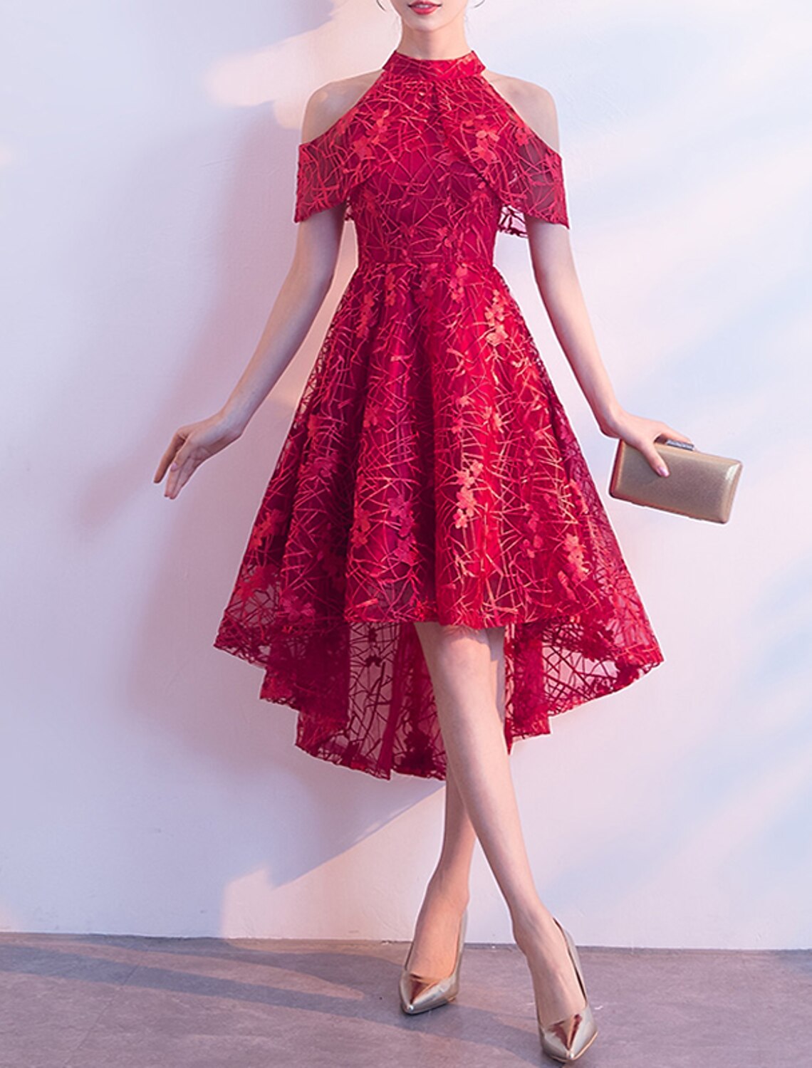 Vestidos de cóctel de corte A, elegantes, para invitados de boda, para fiesta, asimétricos, de manga corta, con cuello joya, de tul con pliegues, estampado/estampado