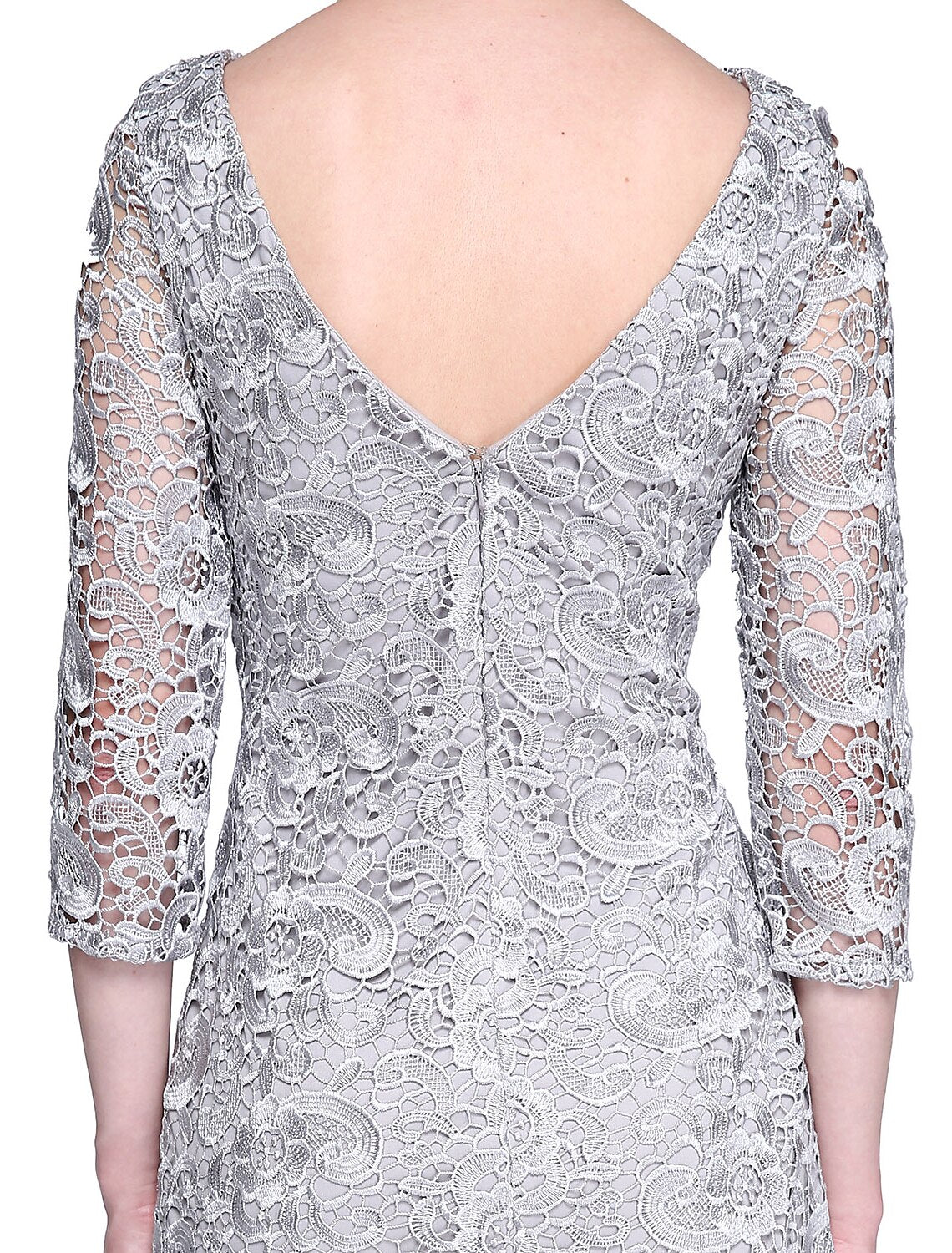 Vestido de madre de la novia con corte tubo/columna, espalda abierta, escote joya, largo hasta la rodilla, encaje, manga 3/4, sin encaje