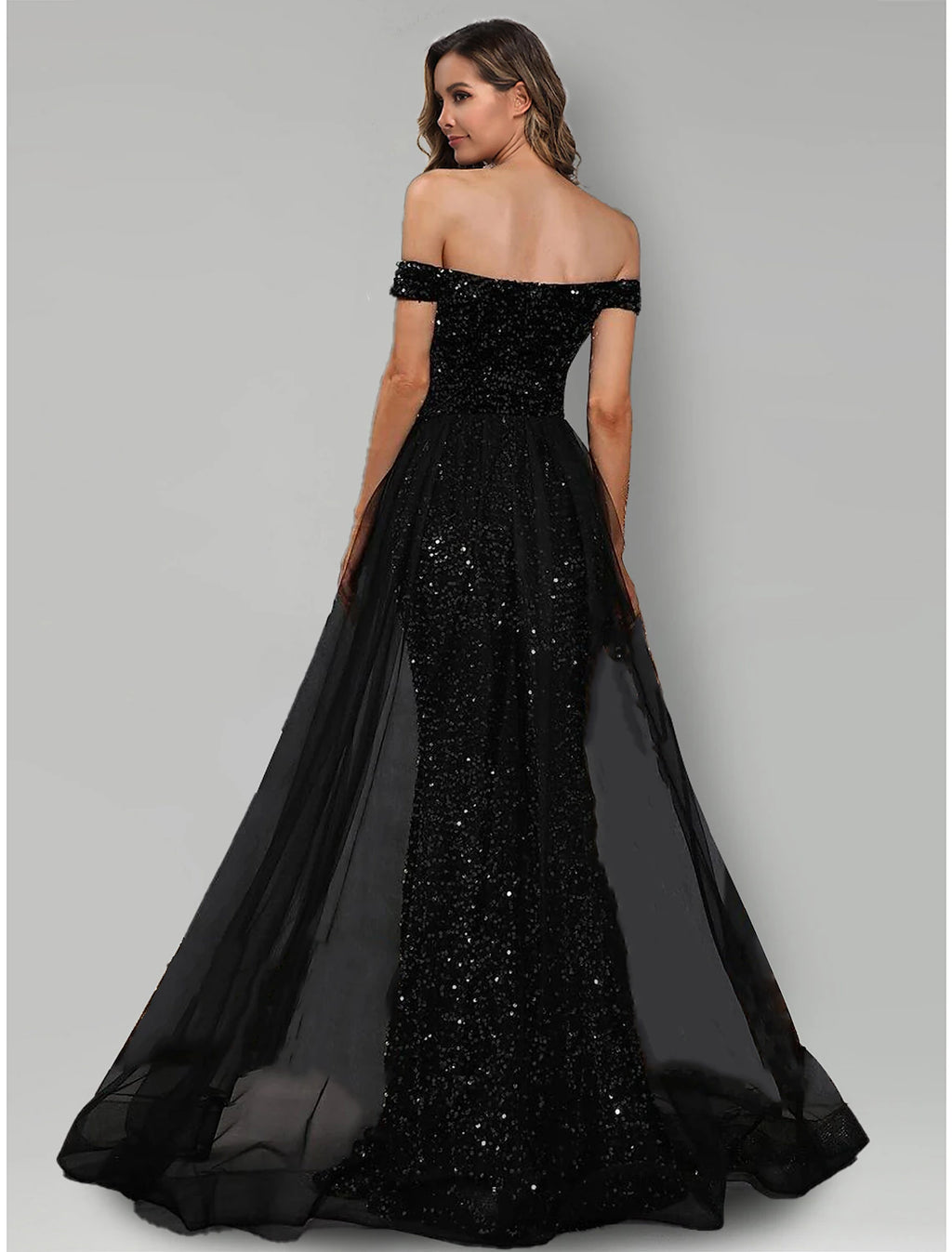 Black Sequin Off-the-Shoulder Mermaid Floor-Length Evening Dress