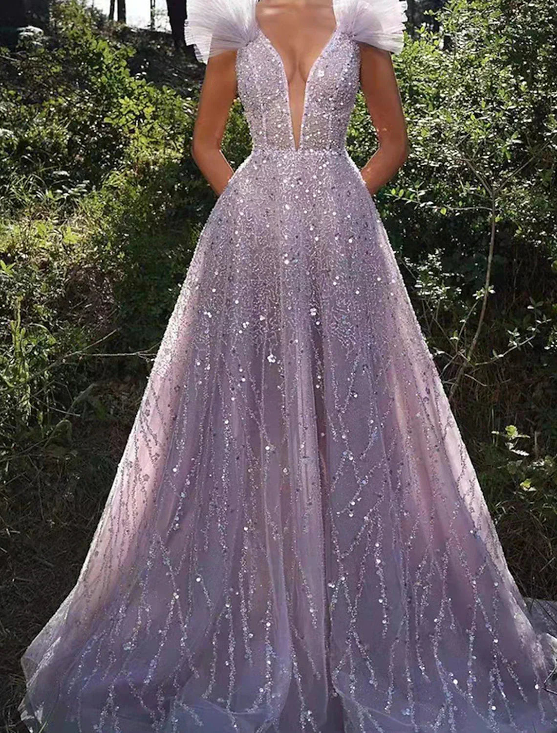Lavender Tulle A-Line Floor-Length Gown with Plunging V-Neck, Ruffled Shoulders & Sequin Embellishment