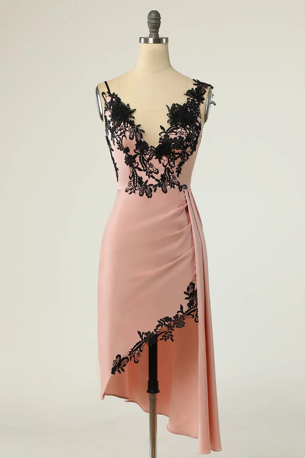 Blushing Pink Satin Sheath/column Asymmetrical Evening Dress with Lace Appliques