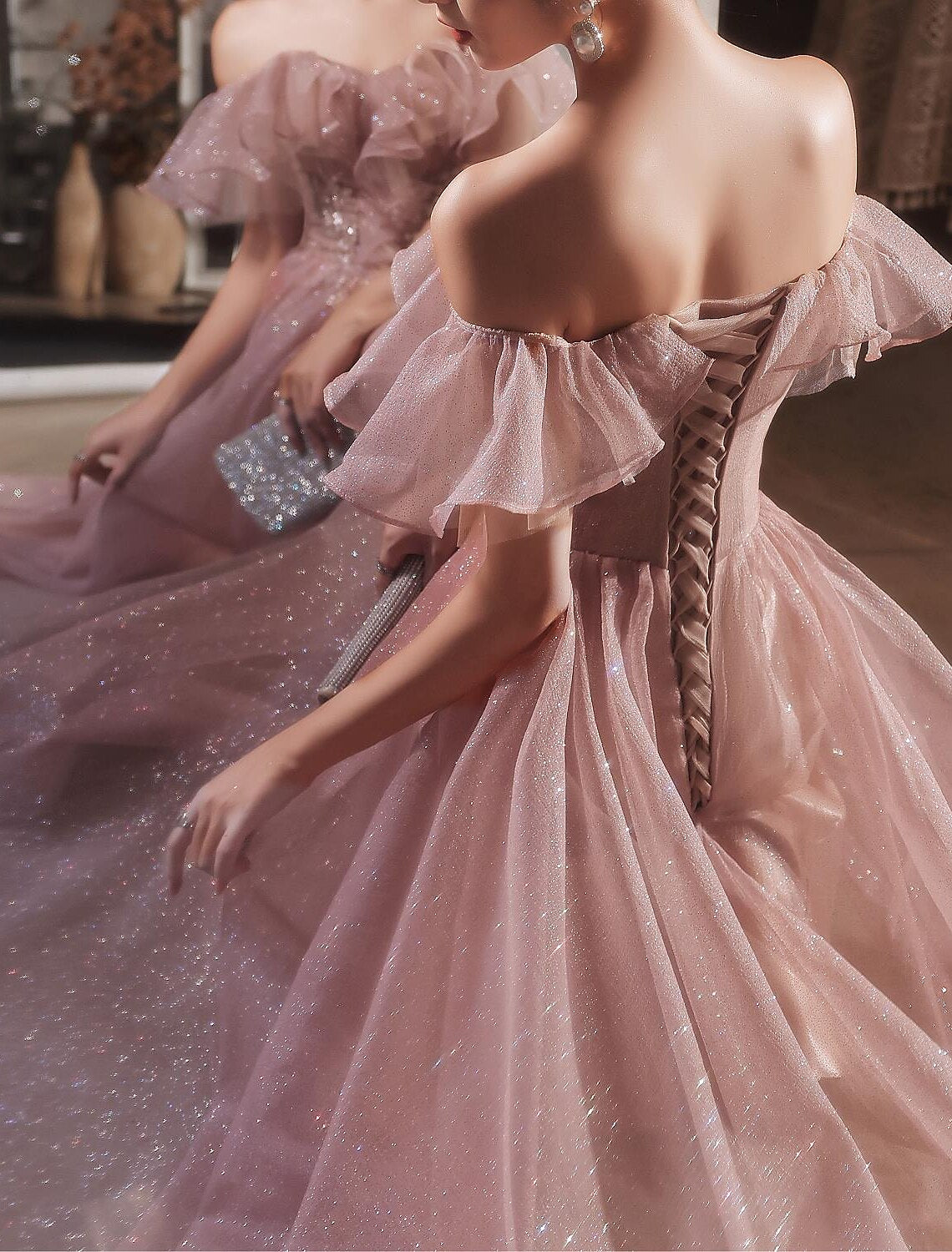 Vestido elegante de fiesta, formal, de noche, de cumpleaños, con hombros descubiertos, manga corta, largo hasta el suelo, de encaje con apliques, con espalda hermosa